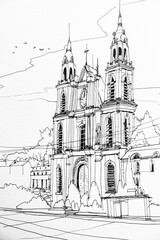 Fototapeta premium Dessin urbain bâtiment et infrastructure en noir et blanc - Arrière plan coloriage architecture