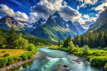 Serene mountain landscape featuring a gentle river meandering through a lush green valley surrounded by towering peaks and azure sky with fluffy white clouds.