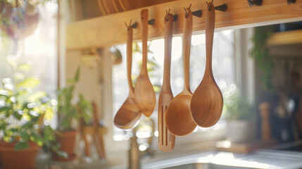 Sunlit kitchen with hanging wooden utensils and green potted plants by window