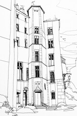 Dessin urbain bâtiment et infrastructure en noir et blanc - Arrière plan coloriage architecture