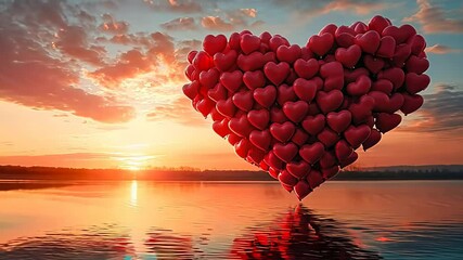 A large heart shape made of red balloons floating at sunset, symbolizing love and romance. Perfect for Valentine’s Day and romantic occasions