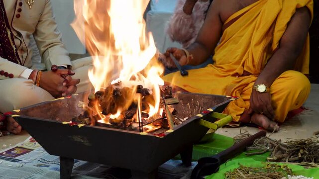 Bangalore, India 8th August 2024: Graha Pravesh. Grah or Gruh Pravesh is a Hindu ceremony performed on the occasion of an individual's first time entering their new home. Hindu Hawan pooja Rituals.