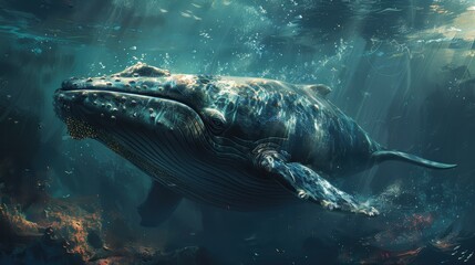 Fototapeta premium A majestic whale swims gracefully through the serene ocean depths, showcasing its powerful form and elegance in a vibrant underwater ecosystem.
