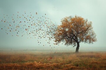 A lone tree standing in a field, the leaves falling off and blowing away in the wind