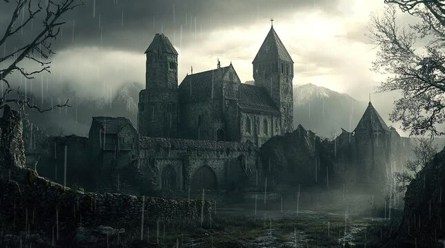 Mysterious old castle surrounded by rain on a gloomy day, evoking a sense of intrigue and historical charm
 seamless looping 4k time-lapse virtual video animation background. generated ai