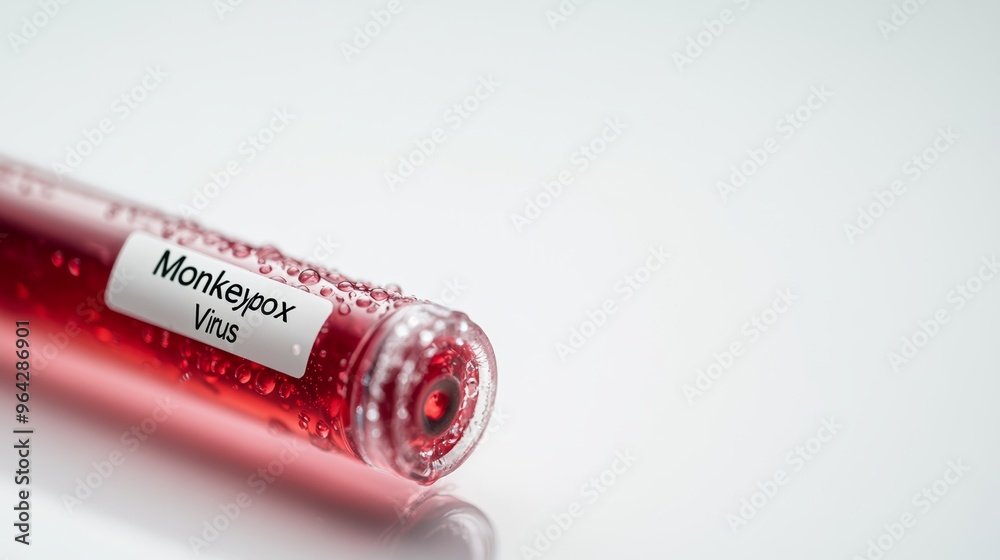 Poster test tube filled with red liquid labeled 'monkeypox virus' representing medical research and testing