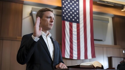 Man with right hand raised taking oath with American flag in background.