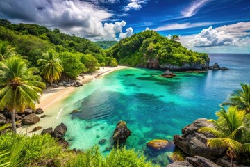 Serene tropical cove with turquoise waters, powdery white sand, and lush green jungle surroundings, surrounded by rugged volcanic rock formations under a sunny blue sky.