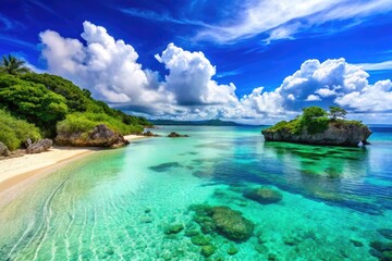 Obraz premium Serene tropical paradise scene at Kouri Beach, Okinawa, Japan, featuring crystal-clear turquoise waters, powdery white sand, and vibrant coral reefs under a bright blue sky.