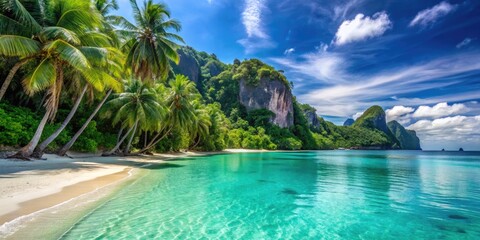 Serene turquoise waters lap against powdery white sand shore, lined with swaying palm trees and dramatic limestone cliffs, at a picturesque tropical beach.
