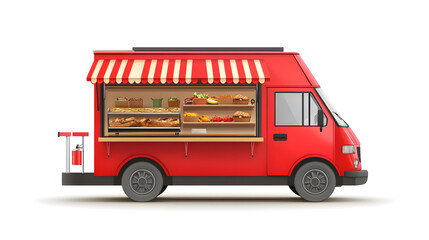 Red Realistic Food Truck isolated on white background. Takeaway food and drinks van mock up