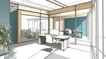 Fototapeta premium modern office interior, space design, architectural plans, interior design, office sketch, architecture