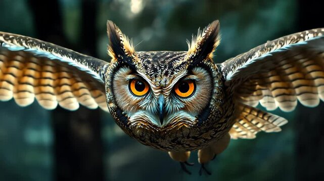 Close-up of a Eurasian Eagle Owl with intense, golden eyes staring directly at the camera, in flight.