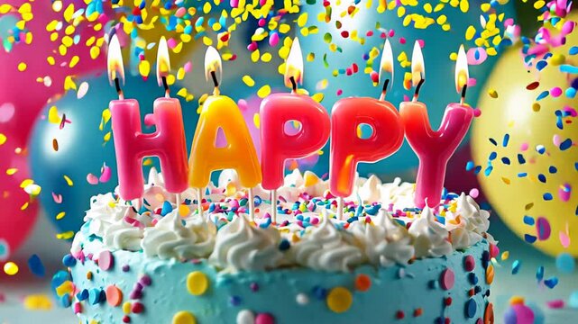 A colorful cake with candles and the text Happy Birthday Perfect for birthday invitations and celebration cards