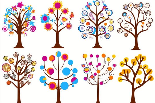 Set of 8 Colorful Abstract Trees with Geometric Shapes and Patterns