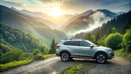 Silver compact SUV with sleek design, alloy wheels, and roof rails parked on a scenic mountain trail surrounded by lush greenery and misty atmosphere.
