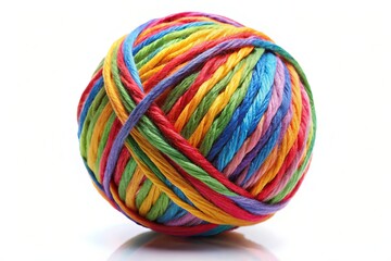 A colorful yarn ball with a transparent background, made up of twisted threads and a central core, perfect for craft and sewing designs.