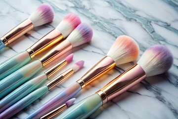 Sleek, ergonomic, and precision-crafted beauty brushes in a gradient of pastel hues, arranged on a clean marble surface, exuding modernity and elegance.