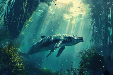 Fototapeta premium A serene underwater scene featuring a majestic whale gliding through sunlit waters, surrounded by lush marine vegetation.