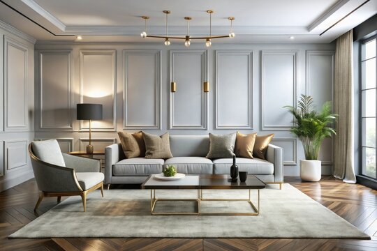 Sleek, minimalist living room features crisp white walls adorned with modern, metallic wall trim, adding a touch of sophistication and elegance to the contemporary space.