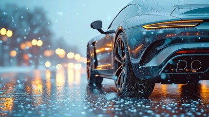 A sleek sports car parked on a snowy street, showcasing its design against wintery lights during the evening