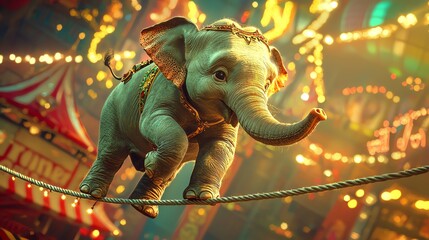 Fototapeta premium Adorable baby elephant balancing on a tightrope with a colorful circus backdrop, showcasing its playful and adventurous spirit.
