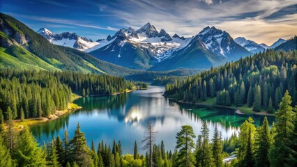 Snow-capped peaks of the Cascade Mountains rise majestically above lush green forests and serene alpine lakes in the heart of Washington State's wilderness.