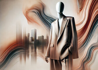 A faceless mannequin in a sleek suit stands against a surreal backdrop of a cityscape and swirling abstract colours, blending fashion and art in an ethereal scene.