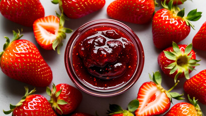 Strawberry jam in a glass jar on white background, Jar of sweet strawberry jam and fresh strawberries, Homemade strawberry jam