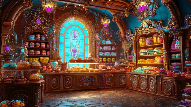 A whimsical, colorful bakery filled with a variety of pastries and cakes under vibrant lighting, creating a magical atmosphere.