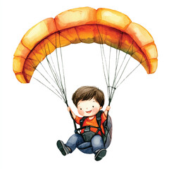 cute kid playing Paragliding watercolor clipart