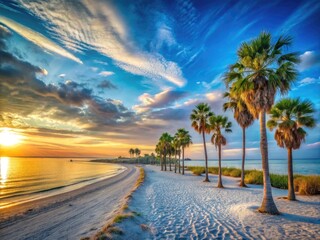 Soft golden sand meets calm turquoise water and vibrant green palm trees under a brilliant blue Florida sky at a serene Tampa Beach sunrise.