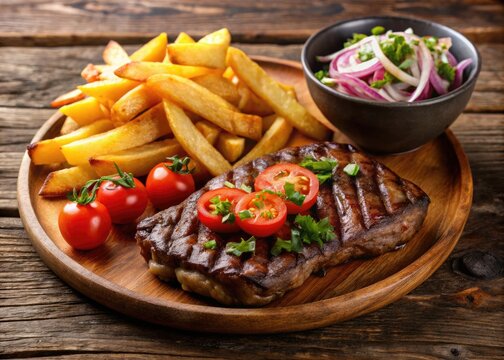 Soy-Marinated Grilled Beef With Grilled Cassava, Onion, And Tomato Salad, And A Side Of Mandioca Fries