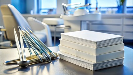 Stack Of Blank Business Cards With Dental Equipment In Background, Perfect For Dentists To Promote Their Services
