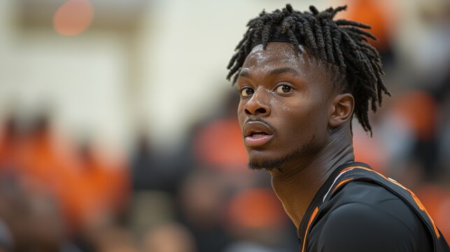 Young basketball player focused intently during a competitive high school game in a packed gymnasium in the afternoon