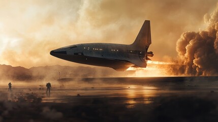 Naklejka premium Spacecraft Takeoff on a Dusty Planet