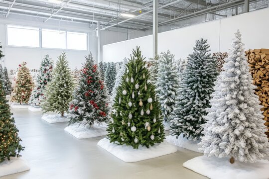 Artificial christmas trees display in a modern showroom with festive decorations