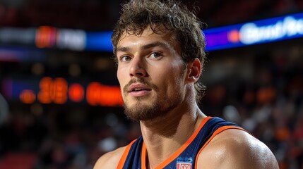 A basketball player sits on the bench, reflecting on the game during a competitive match in an indoor arena at night