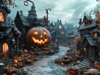 Obraz premium Halloween Village with Giant Pumpkin. generative ai illustration.