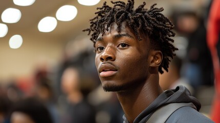 A young athlete observes an intense basketball game in a packed gymnasium during a weekend tournament at a local high school