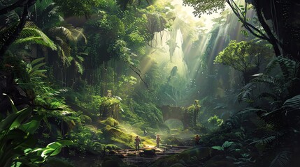 A lush jungle with sun beams shining through the canopy.