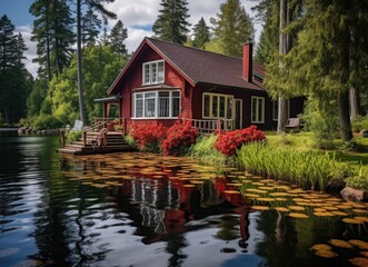 Obraz premium Swedish lake house with a dock