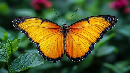 Fototapeta premium A vibrant orange butterfly rests on green leaves among colorful flowers in a sunny garden during springtime