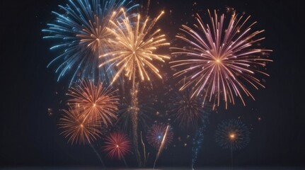 Fototapeta premium Shimmering firework display illustration. Colorful exploding fire show. Happy new year background