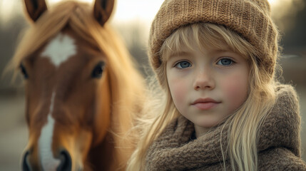 Fototapeta premium Girl and horse. Blonde Girl with Horse in Natural Setting. A blonde girl wearing a beanie stands next to a chestnut horse in a serene outdoor setting.