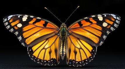 Fototapeta premium Close-up view of a vibrant monarch butterfly showcasing its striking orange and black wings against a dark background