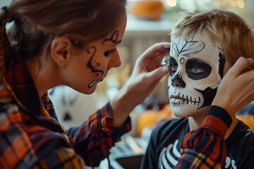 Preparing for the Halloween holiday. the boy's face is painted.