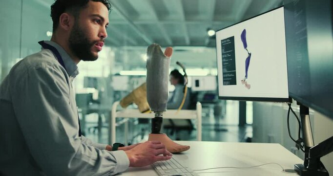 Leg prosthetic, screen or man on computer for research, inclusive device or future development. Prosthetist, model or typing design for artificial limb innovation, 3d foot or mobility engineering