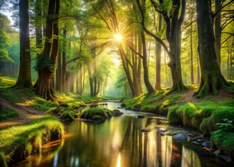 Tranquil Forest Scene With Towering Trees, Dappled Sunlight, And A Serene Stream Meandering Through The Undergrowth.