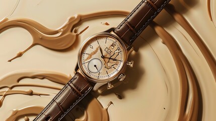 A luxury wristwatch with a brown leather band on a background of light brown abstract swirls.
